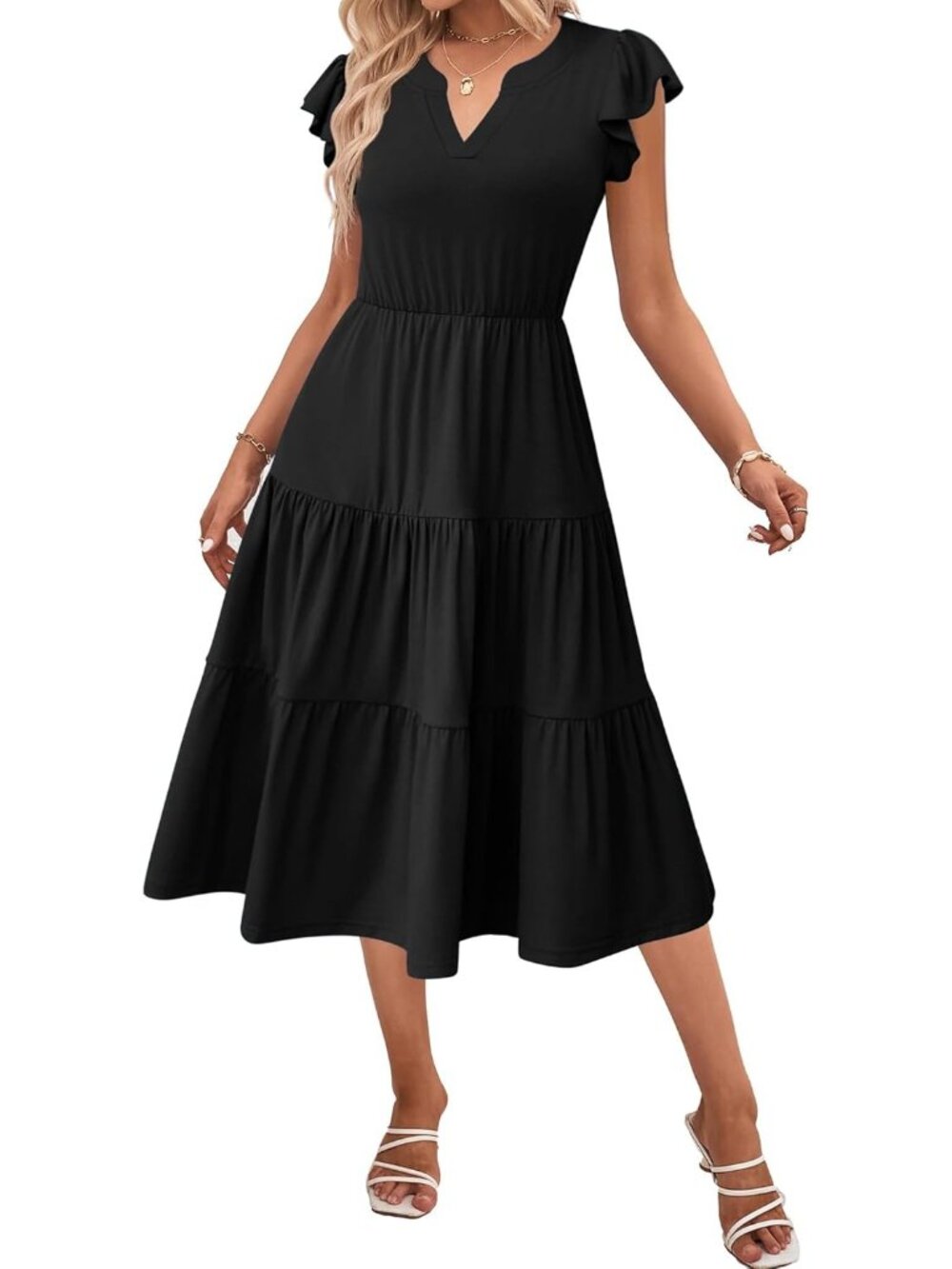 Women's Black Summer Boho Dress Ruffle Sleeve V Neck Midi Dress with Pockets